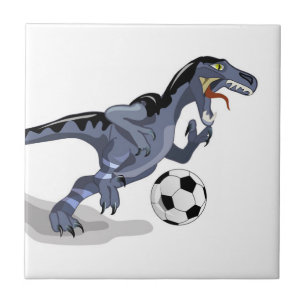 Illustration Of A Raptor Dinosaur Playing Soccer. Tile