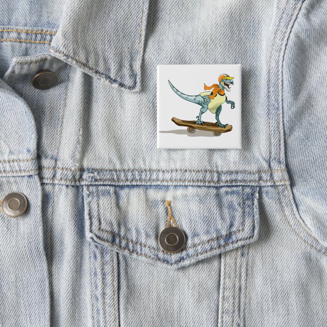 Illustration Of A Raptor Skateboarding. 2 Inch Square Button (In Situ)