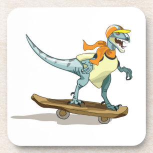 Illustration Of A Raptor Skateboarding. Coaster