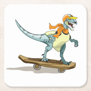 Illustration Of A Raptor Skateboarding. Square Paper Coaster