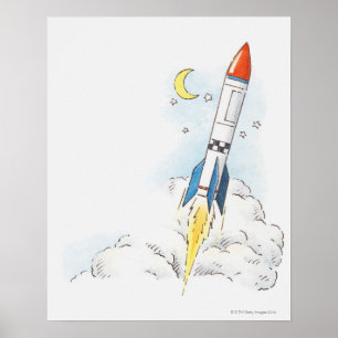 Illustration of a rocket taking off poster