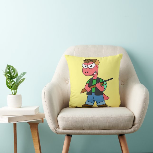 Illustration Of A Spinosaurus Hunter With Gun. Throw Pillow (Chair)