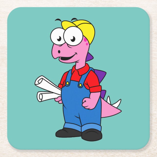 Illustration Of A Stegosaurus Construction Worker. Square Paper Coaster (Front)