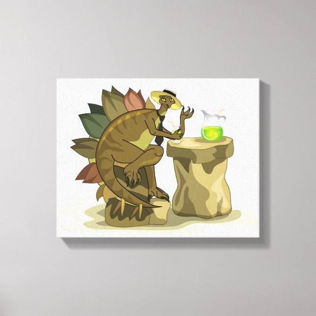 Illustration Of A Stegosaurus Drinking A Beverage. Canvas Print (Front)