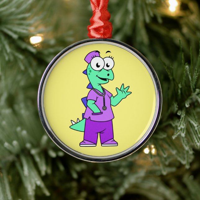 Illustration Of A Stegosaurus Nurse. Metal Ornament (Tree)