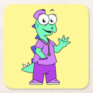 Illustration Of A Stegosaurus Nurse. Square Paper Coaster