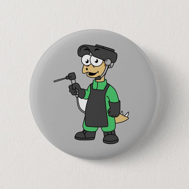 Illustration Of A Stegosaurus Welder. 2 Inch Round Button (Front)