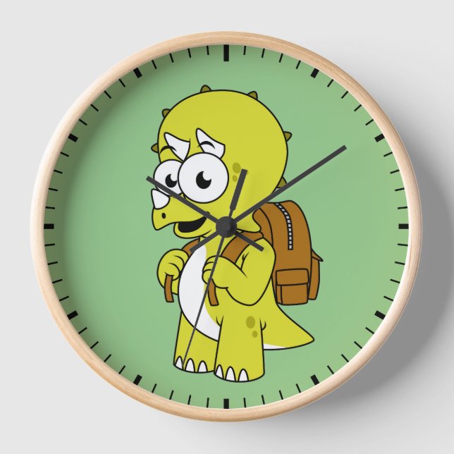 Illustration Of A Triceratops With Backpack. Clock (Front)