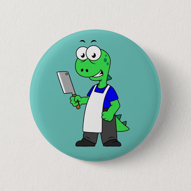 Illustration Of A Tyrannosaurus Rex Butcher. 2 Inch Round Button (Front)