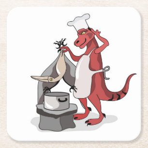 Illustration Of A Tyrannosaurus Rex Chef Cooking. Square Paper Coaster