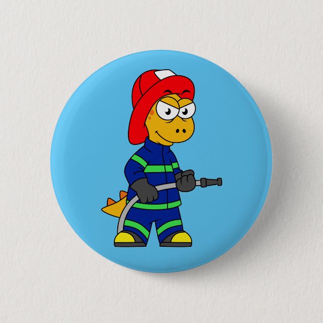 Illustration Of A Tyrannosaurus Rex Firefighter. 2 Inch Round Button (Front)
