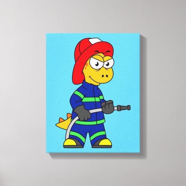 Illustration Of A Tyrannosaurus Rex Firefighter. Canvas Print (Front)
