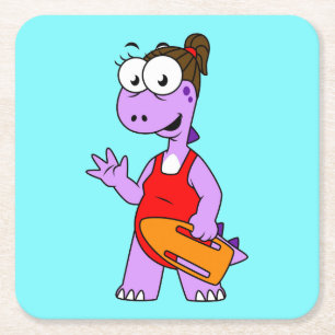 Illustration Of A Tyrannosaurus Rex Lifeguard. Square Paper Coaster