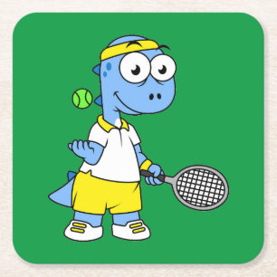 Illustration Of A Tyrannosaurus Rex Tennis Player. Square Paper Coaster