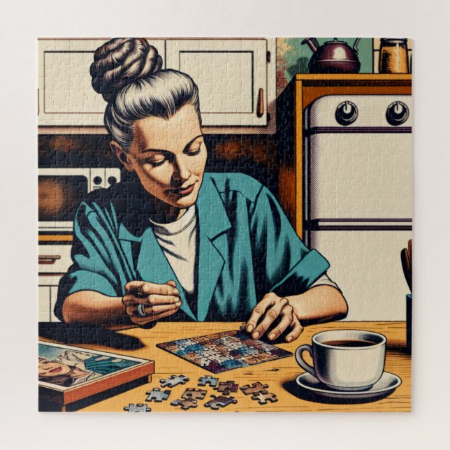 Illustration of a Woman Doing a Puzzle (Vertical)