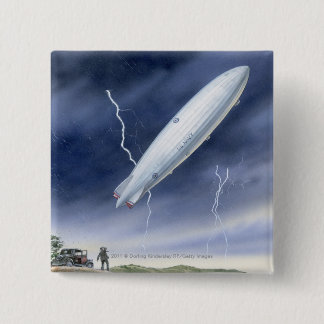 Illustration of airship being struck by lightning 2 inch square button