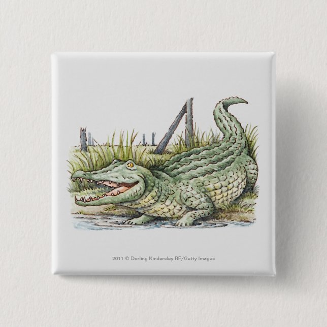 Illustration of alligator on the shore 2 inch square button (Front)