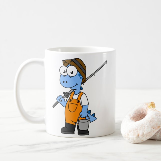 Illustration Of An Allosaurus Fisherman. Coffee Mug (With Donut)