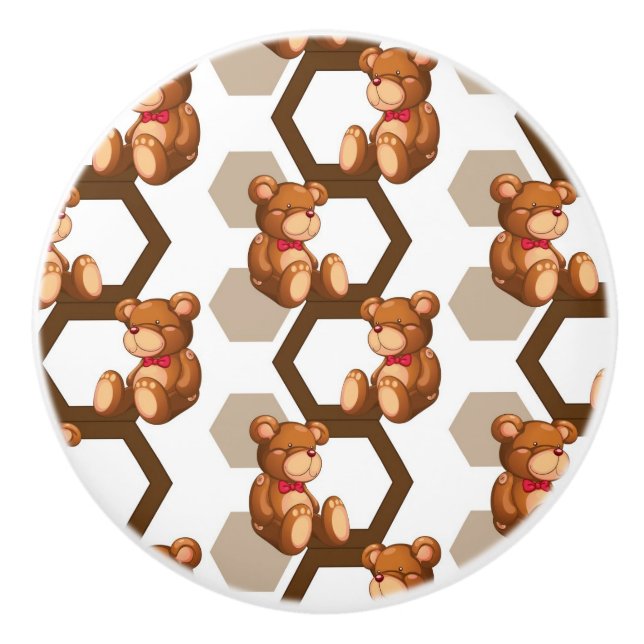 illustration of an array of teddy bear on white ceramic knob (Front)