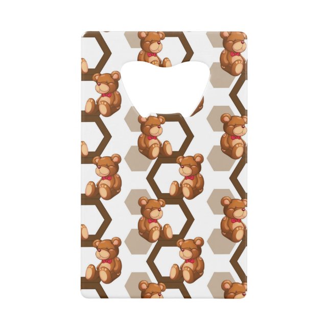 illustration of an array of teddy bear on white credit card bottle opener (Front)