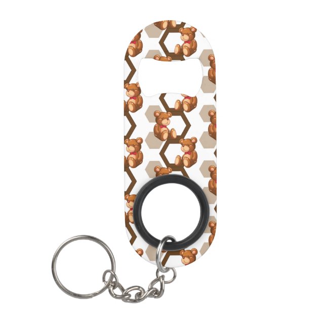 illustration of an array of teddy bear on white keychain bottle opener (Front)