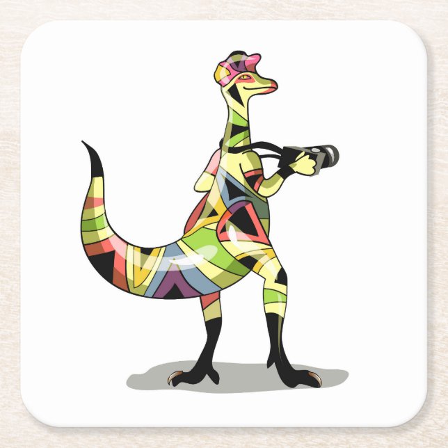 Illustration Of An Iguanodon Photographer. Square Paper Coaster (Front)