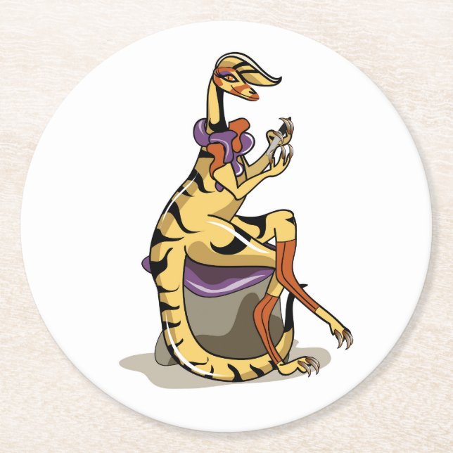 Illustration Of An Iguanodon Polishing Her Nails. Round Paper Coaster (Front)