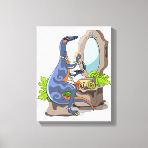 Illustration Of An Iguanodon Putting On Make-Up. Canvas Print