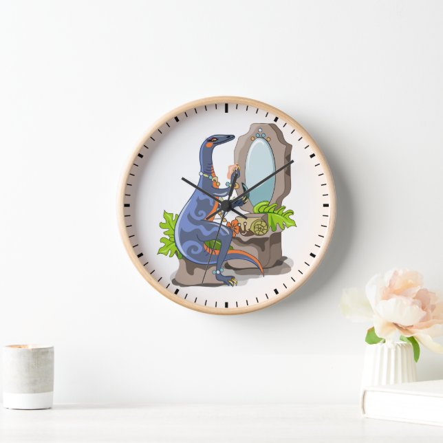Illustration Of An Iguanodon Putting On Make-Up. Clock (Home)