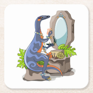 Illustration Of An Iguanodon Putting On Make-Up. Square Paper Coaster