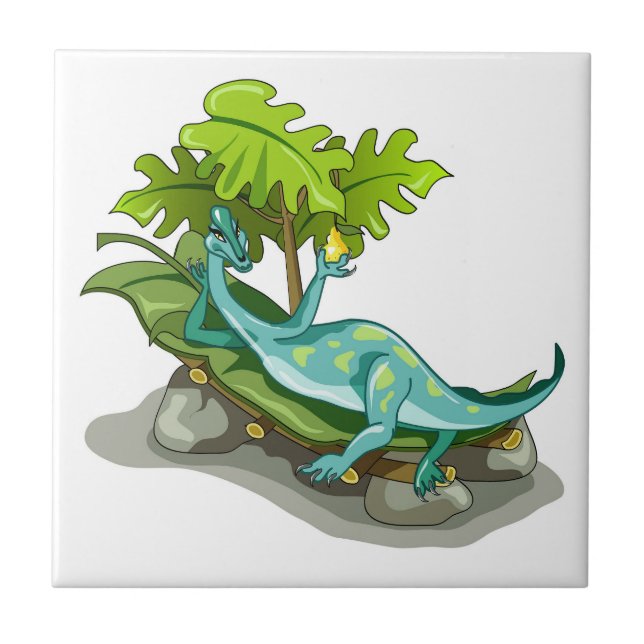 Illustration Of An Iguanodon Sunbathing. Tile (Front)