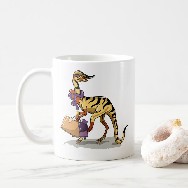 Illustration Of An Iguanodon With Shopping Bags. Coffee Mug (With Donut)