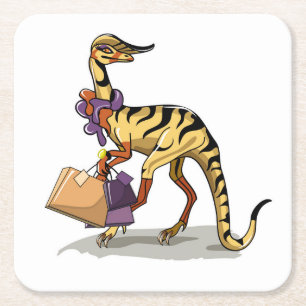 Illustration Of An Iguanodon With Shopping Bags. Square Paper Coaster