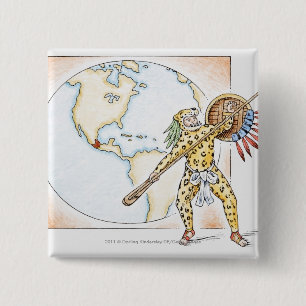 Illustration of Aztec Jaguar Warrior 2 Inch Square Button