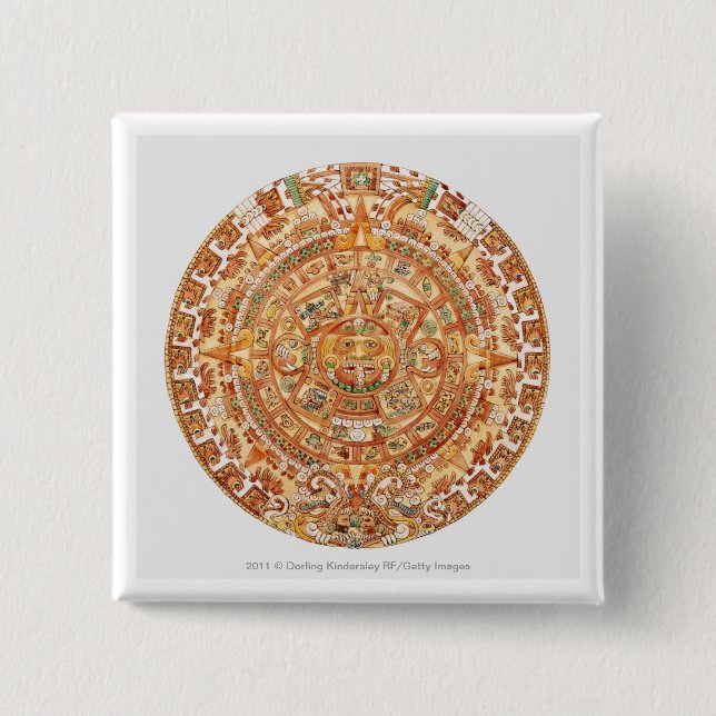 Illustration of Aztec sun stone 2 Inch Square Button (Front)