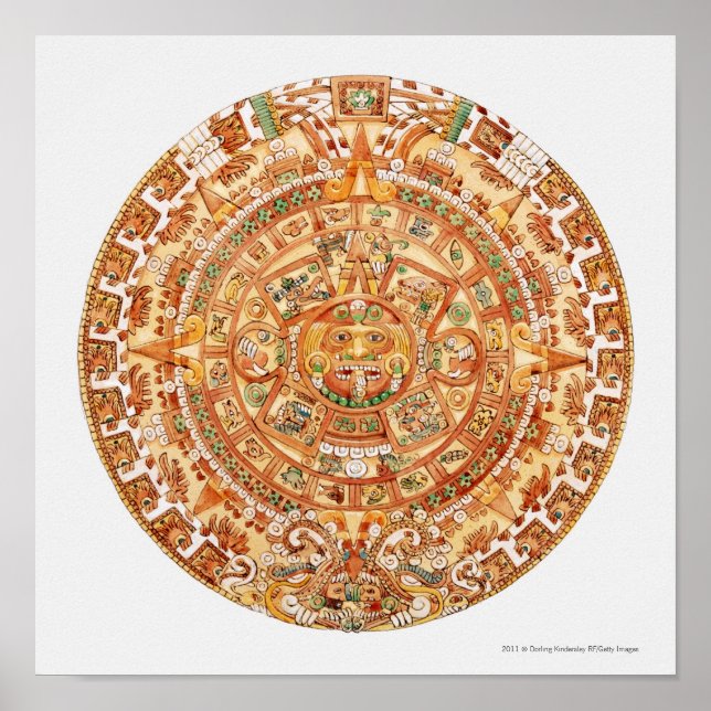 Illustration of Aztec sun stone Poster (Front)
