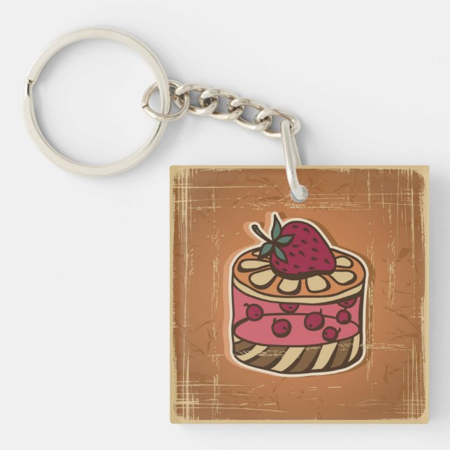 Illustration of cake in retro style keychain (Front)