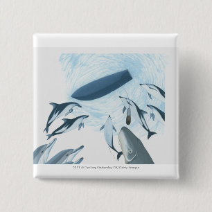 Illustration of dolphins looking up at a boat 2 inch square button