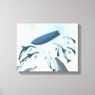 Illustration of dolphins looking up at a boat canvas print