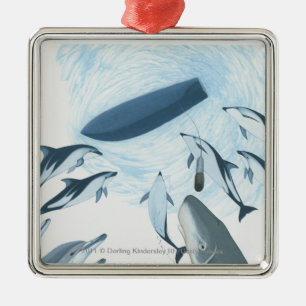Illustration of dolphins looking up at a boat metal ornament