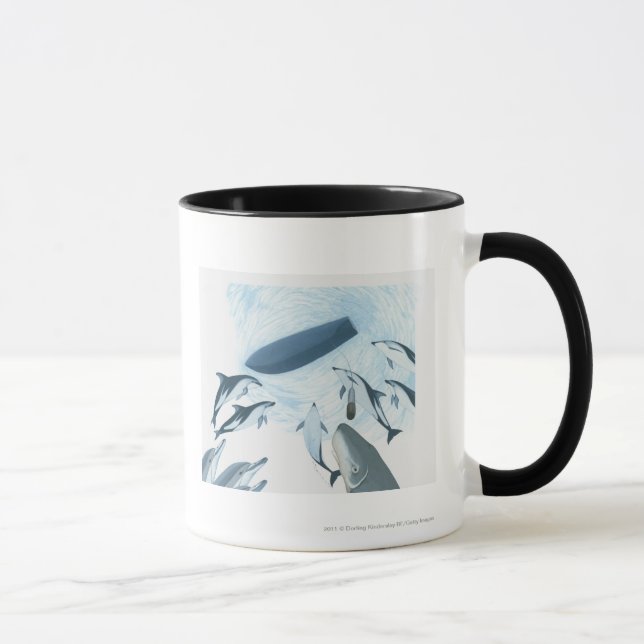 Illustration of dolphins looking up at a boat mug (Right)