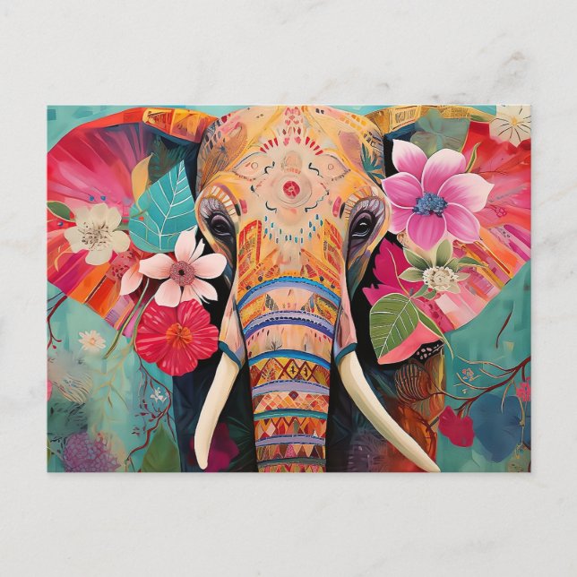 Illustration of elephant with flowers postcard (Front)