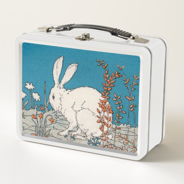 Illustration of Fluffy White Rabbit in Flowers Metal Lunch Box (Front)
