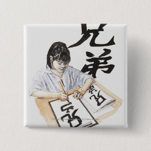 Illustration of girl writing large Chinese script 2 Inch Square Button