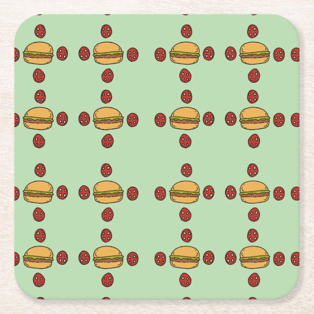 Illustration of hamburger patterns  square paper coaster (Front)
