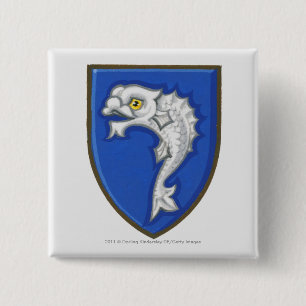 Illustration of heraldic fish symbol on shield 2 inch square button