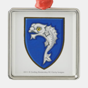Illustration of heraldic fish symbol on shield metal ornament
