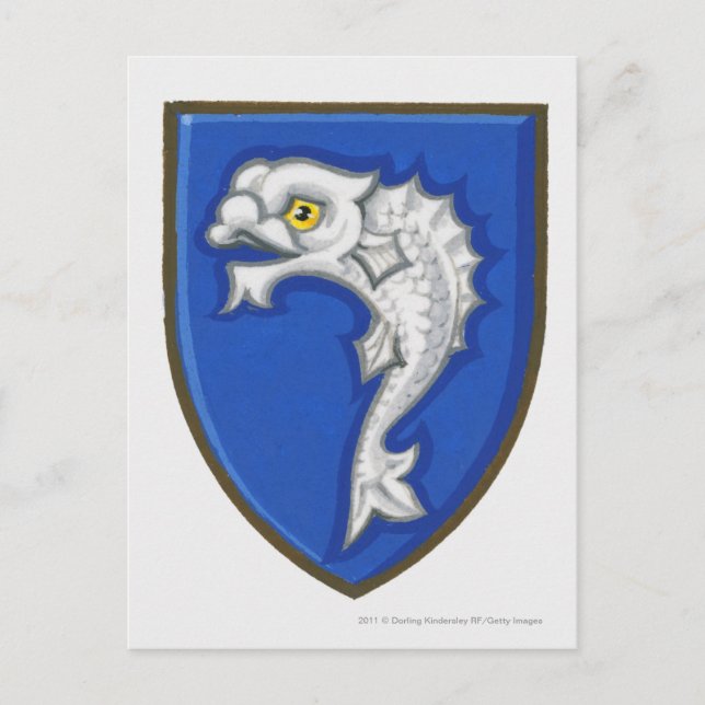 Illustration of heraldic fish symbol on shield postcard (Front)