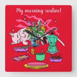 Illustration of Kitty Cat's breakfast table   Square Wall Clock