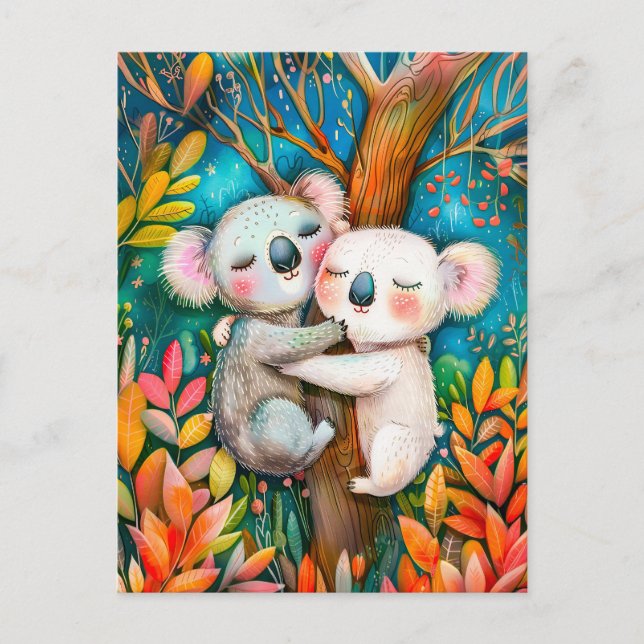 Illustration of koalas hugging in eucalyptus fores postcard (Front)